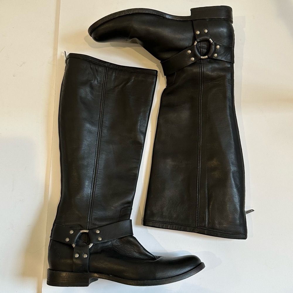 Frye Phillip Tall Black Leather Boots Back Zip Moto Equestrian Harness Sz 9.5